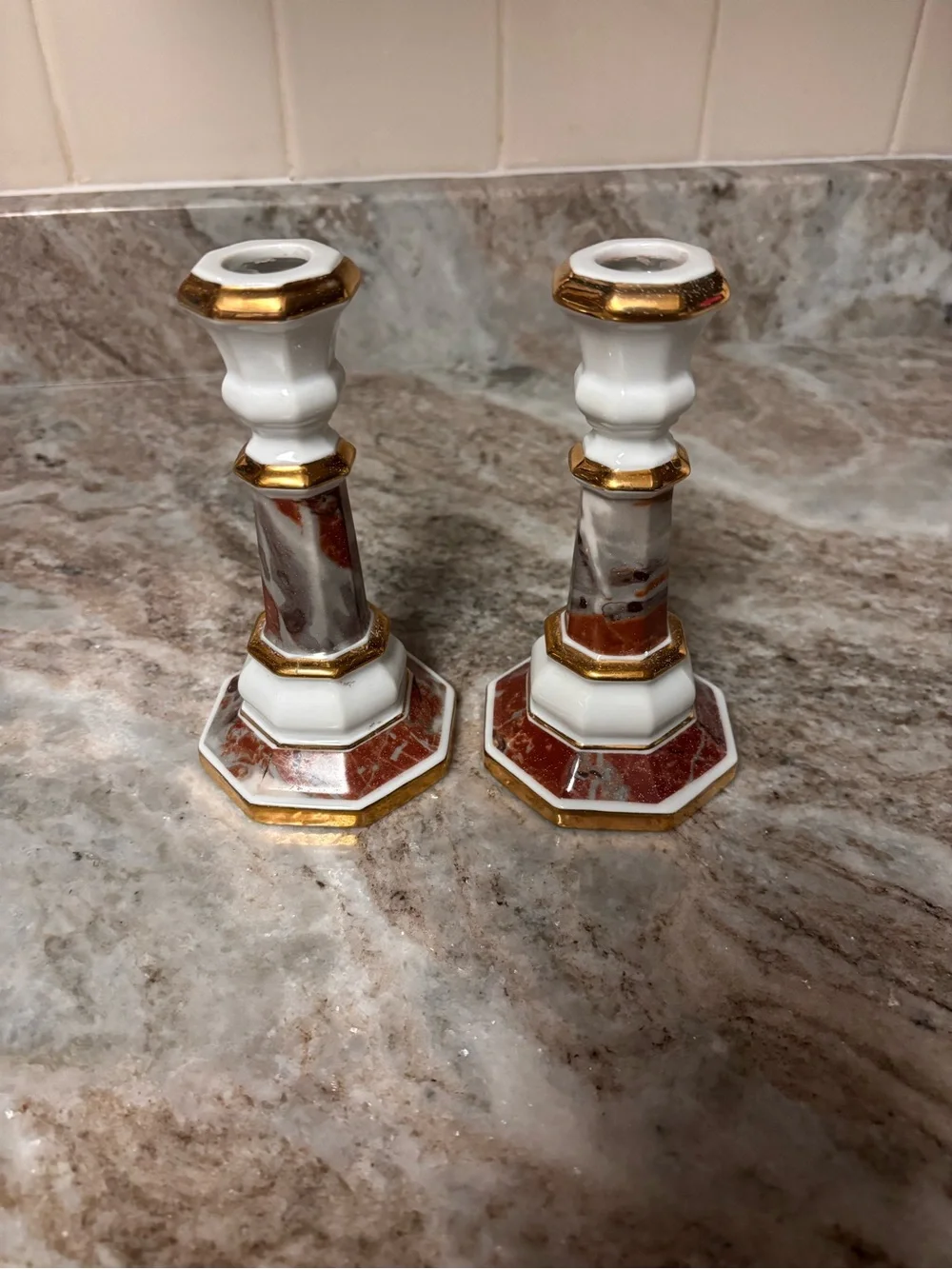 vintage pair of Andrea by Sadek porcelain candlestick holders.